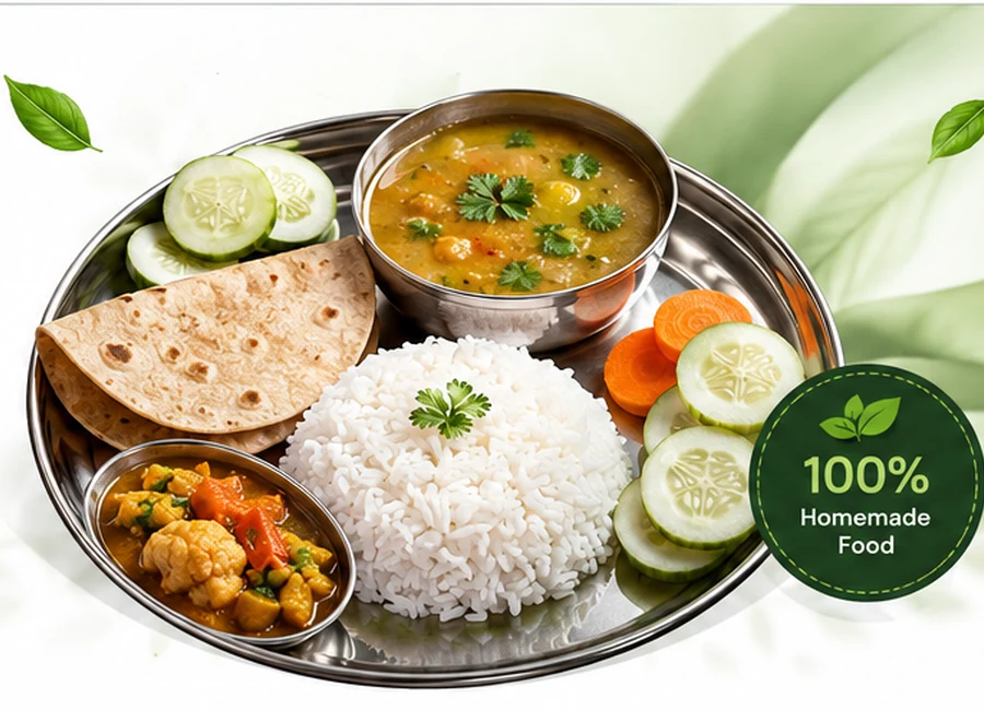 Homemade Indian meal with rice, roti, dal and vegetables
